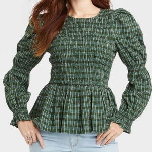 Smocked front blouse. Green plaid with puffy sleeves. Worn once!